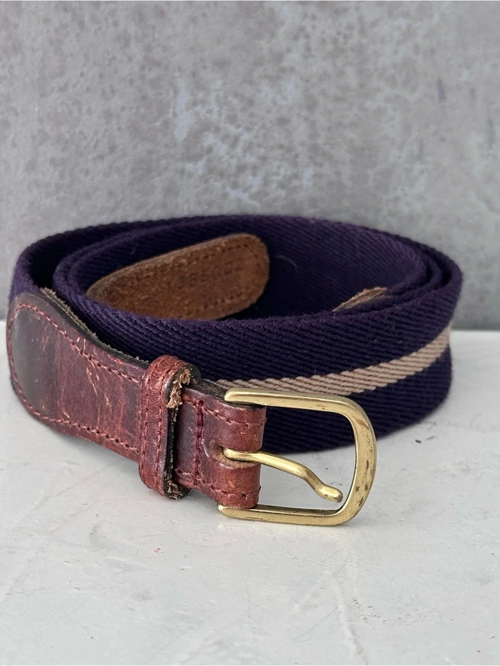 VINTAGE LEATHER CANVAS STRIPED BELT BRASS BUCKLE 34